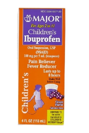 Ibuprofen Oral Suspension Children's Pain Relief Major® 100 mg / 5 mL Strength 4 oz. (Motrin) Grape #007251 Ages 2 to 11 by Major Pharmaceuticals  ID 00904-5577-20